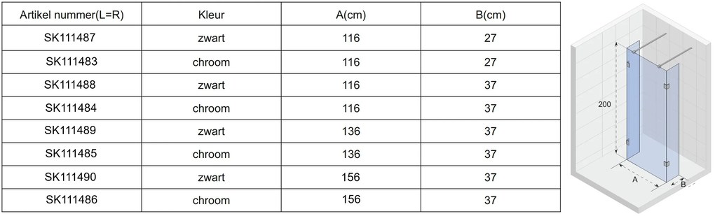 Riho Scandic X202 vrijstaande douchewand 155cm met 40cm zijwand zwart mat