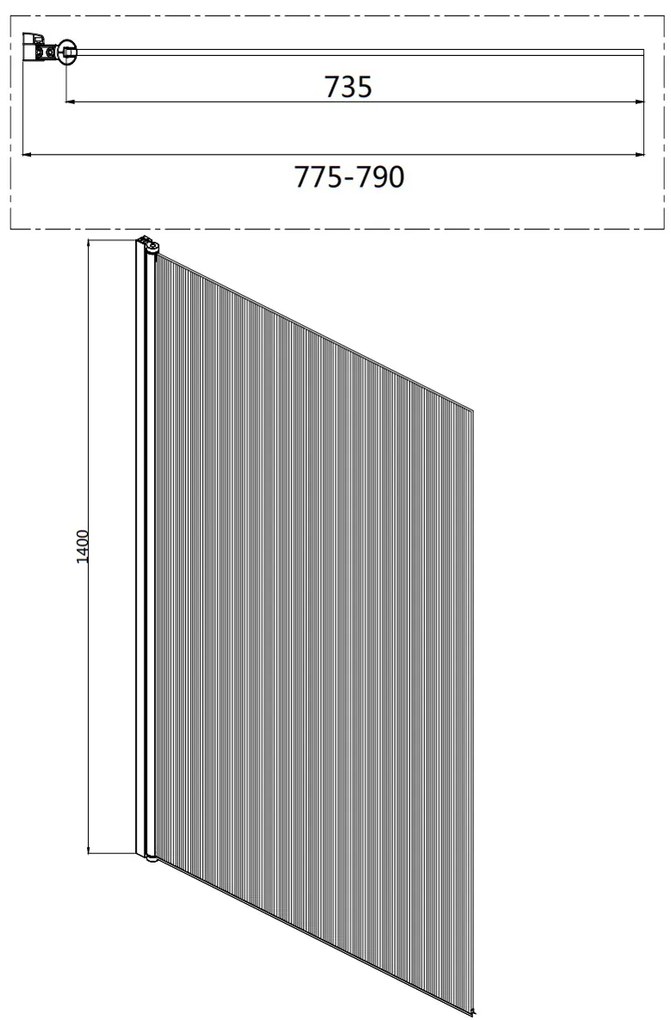 Eastbrook Fluted badwand met ribbelglas 80x140cm links chroom