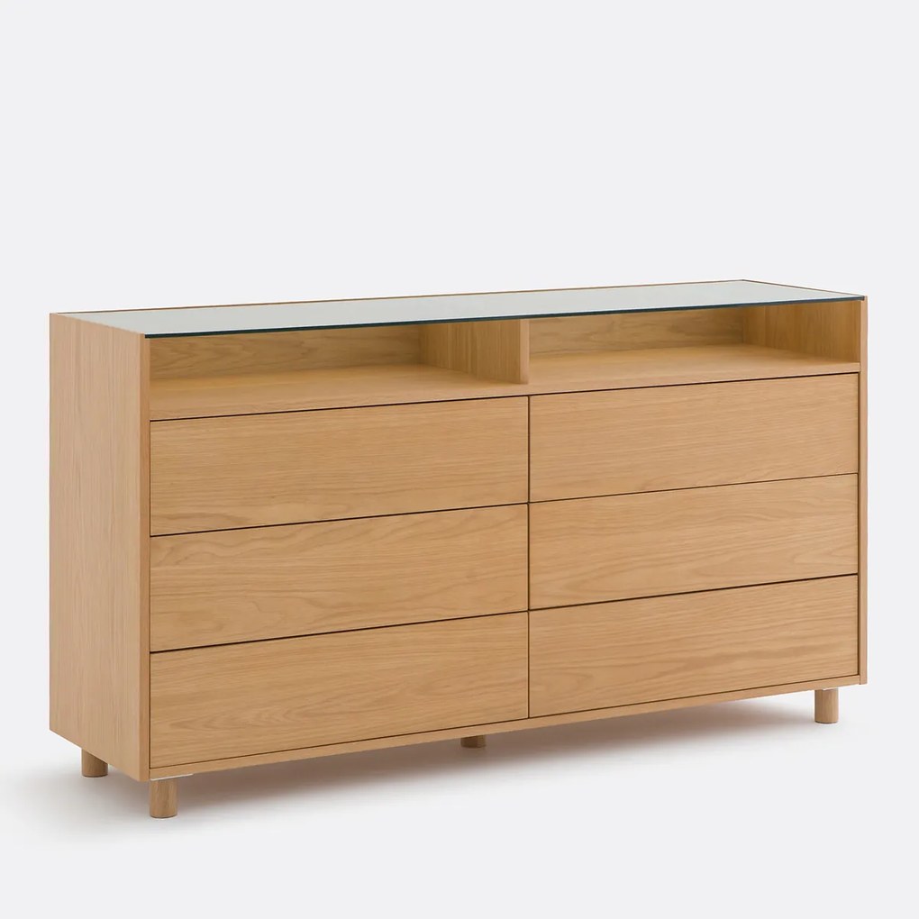 Ladekast van eikenfineer en gehard glas, 6 lades, WALOR
