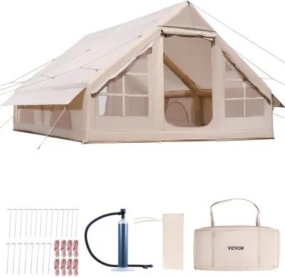 VEVOR Opblaasbare Kampeertent 4x3x2 m, 5-8 Personen, 300D Oxford Glamping Tent met Kooktoestelaansluiting, Handpomp, 2 Deuren & 4 Gaasramen, incl. Opbergtas voor Eenvoudig Transport