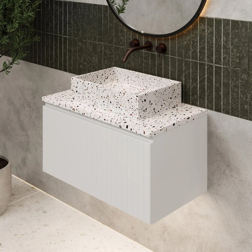 Fontana Terrazzo ribbelfront badmeubel 80cm mat wit met rechthoekige waskom en toppaneel