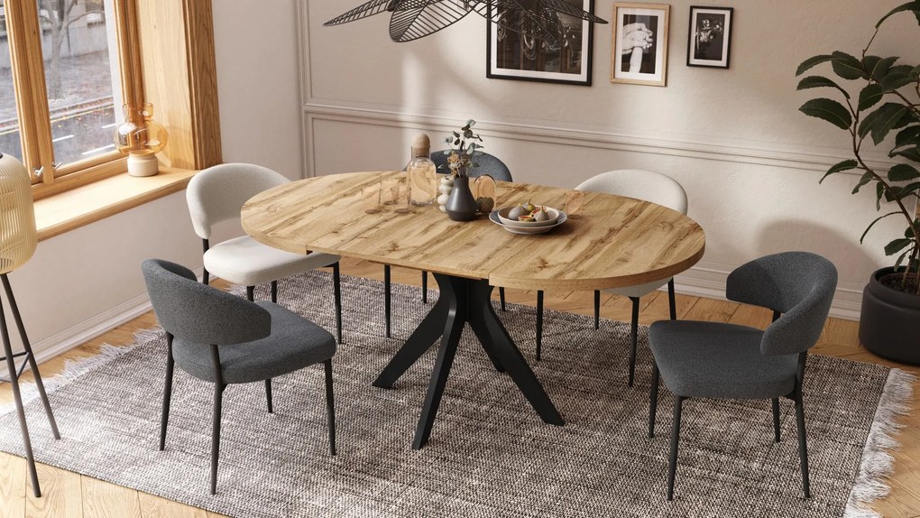 RENZO Wotan Eiken/zwarte poot - RONDE TAFEL Ø110 UITKLAPBAAR TOT 180 cm | VOOR DE KEUKEN EETKAMER WOONKAMER RETRO