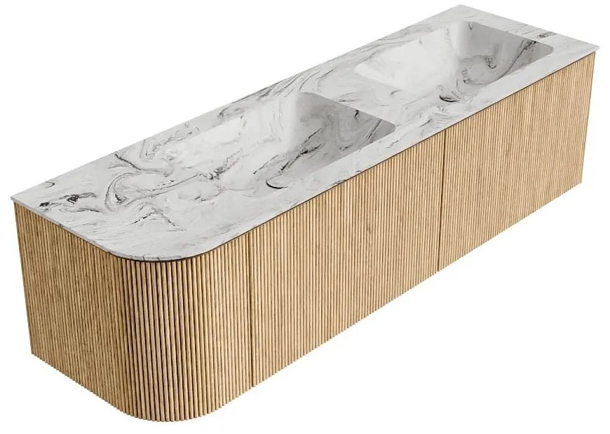 Mondiaz Kurve-dlux 155cm badmeubel ronding links oak met 2 lades en 1 deur en wastafel leaf dubbel/rechts 2 kraangaten glace