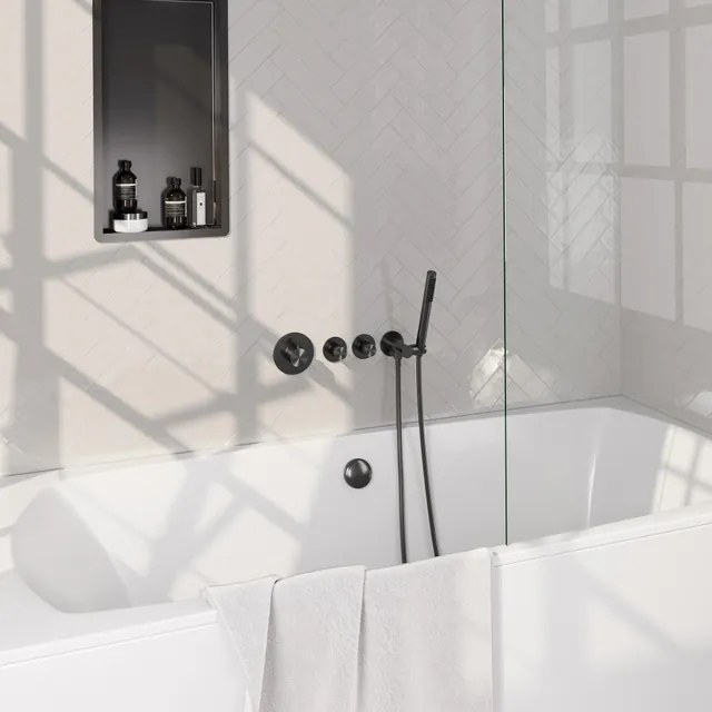 BRAUER Stripe Thermostatische Badkraan - SET 01 - inbouw - badvulcombinatie - staaf handdouche - doucheslang - wandaansluitbocht - gunmetal geborsteld PVD 5-GM-359