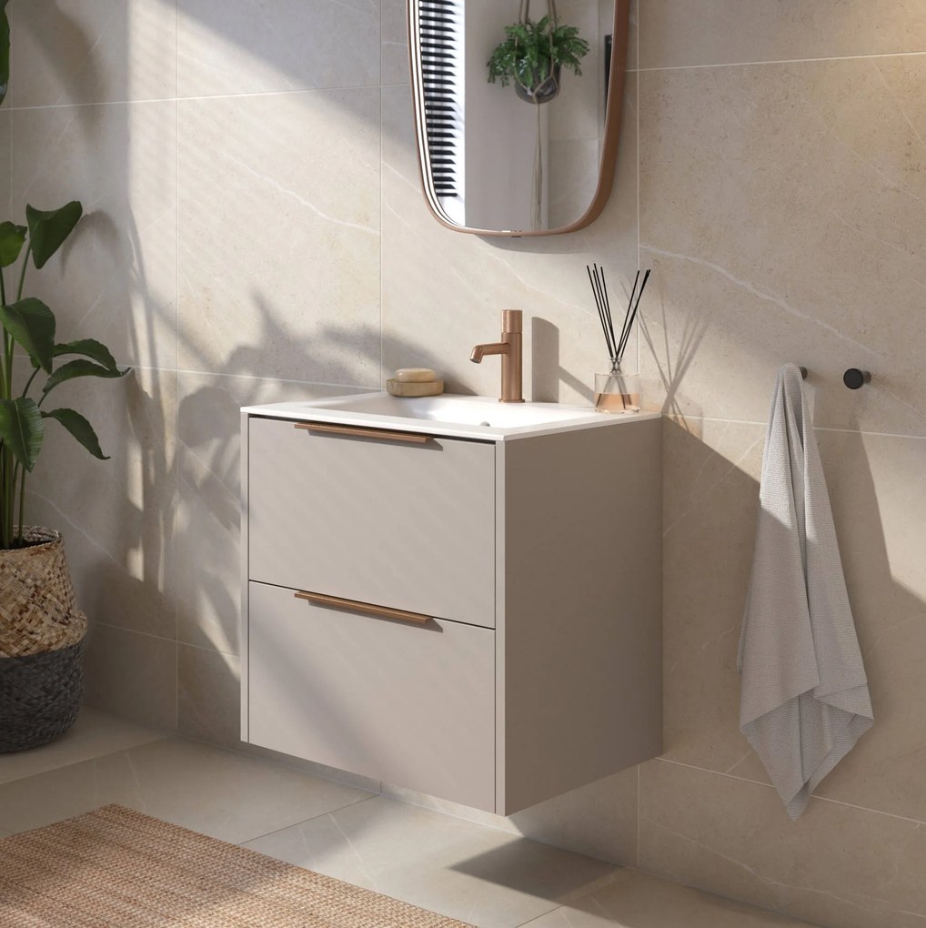 Saqu Lima badmeubel incl. keramische wastafel 60x46x61cm mat greige – koperen greep