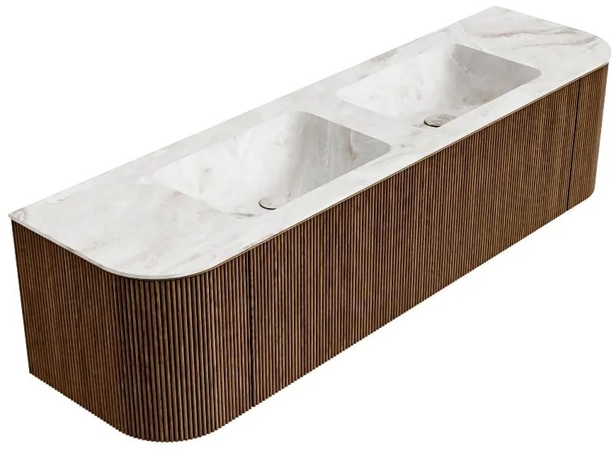 Mondiaz Kurve-dlux 170cm badmeubel ronding links/rechts walnut met 1 lade en 2 deuren en wastafel leaf dubbel zonder kraangat frappe