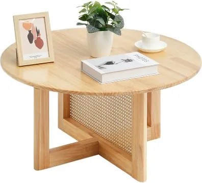 VEVOR Ronde salontafel van gevlochten rotan met rubberhouten tafelblad, moderne Boho salontafel (85 x 85 x 42 cm) met opbergruimte en poten van natuurlijk hout, voor woonkamer en slaapkamer