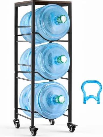 VEVOR Waterkanhouder, 4 lagen, voor 3 waterflessen, waterkanrek met opbergvak en wielen, waterdispenserrek, watercontainerrek voor keuken, kantoor en woonkamer, zwart en bruin