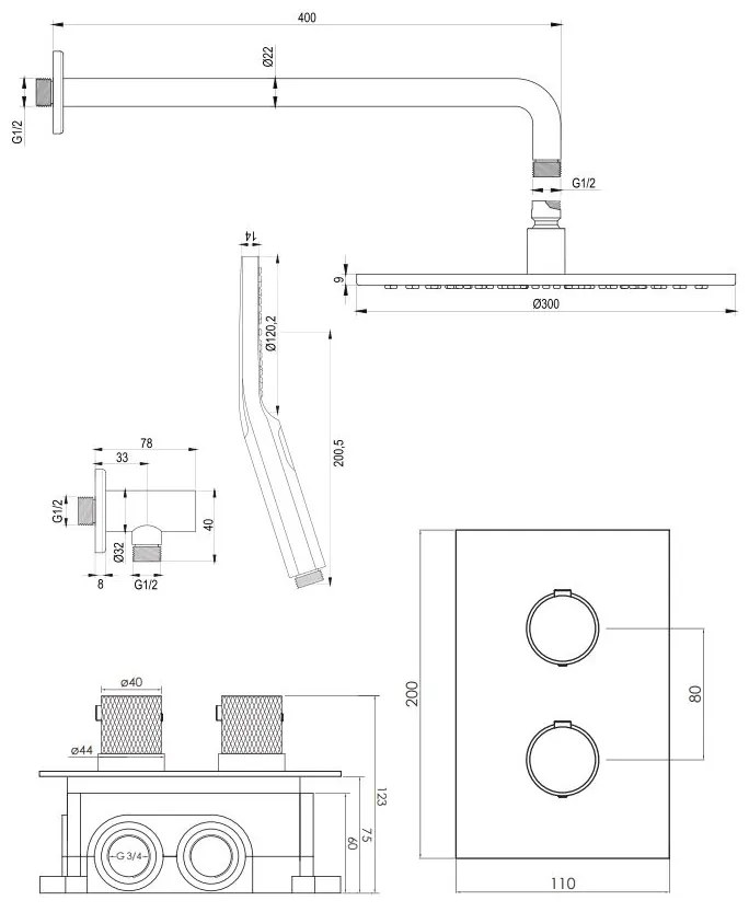 Brauer Black Carving complete inbouw regendouche set 34 met 30cm douchekop, gebogen muurarm en 3 standen handdouche mat zwart