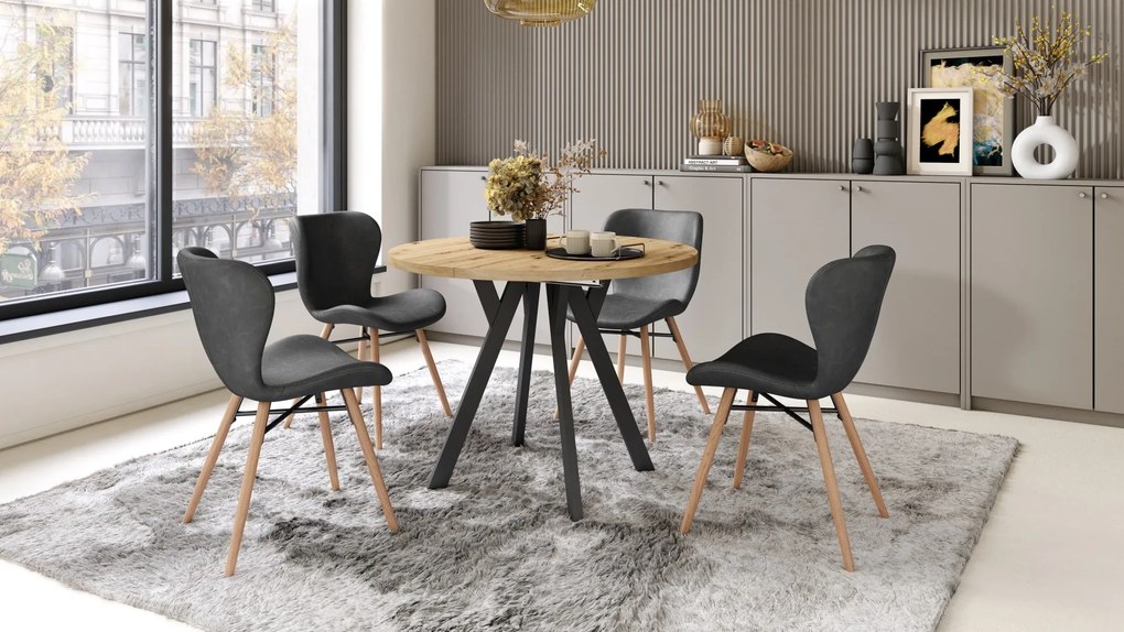ALDO 100 Eiken Artisan/Zwarte poten - RONDE LOFT/INDUSTRIËLE TAFEL VOOR WOONKAMER/EETKAMER, UITSCHUIFBAAR