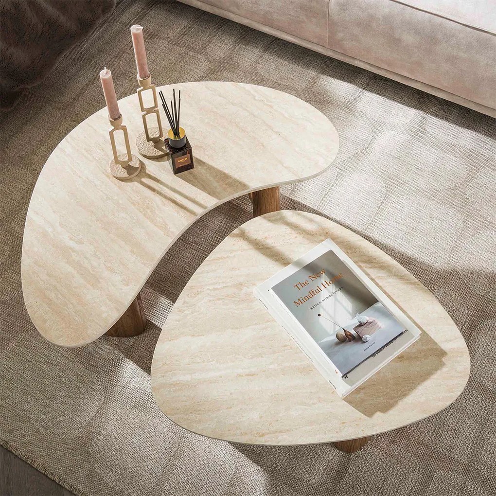 Salontafelset Organisch Hout En Travertin - 88 X 84cm.