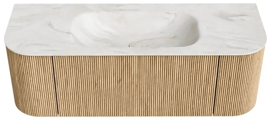 Mondiaz Kurve-dlux 130cm badmeubel ronding links/rechts oak met 1 lade en 2 deuren en wastafel big small midden zonder kraangat ostra