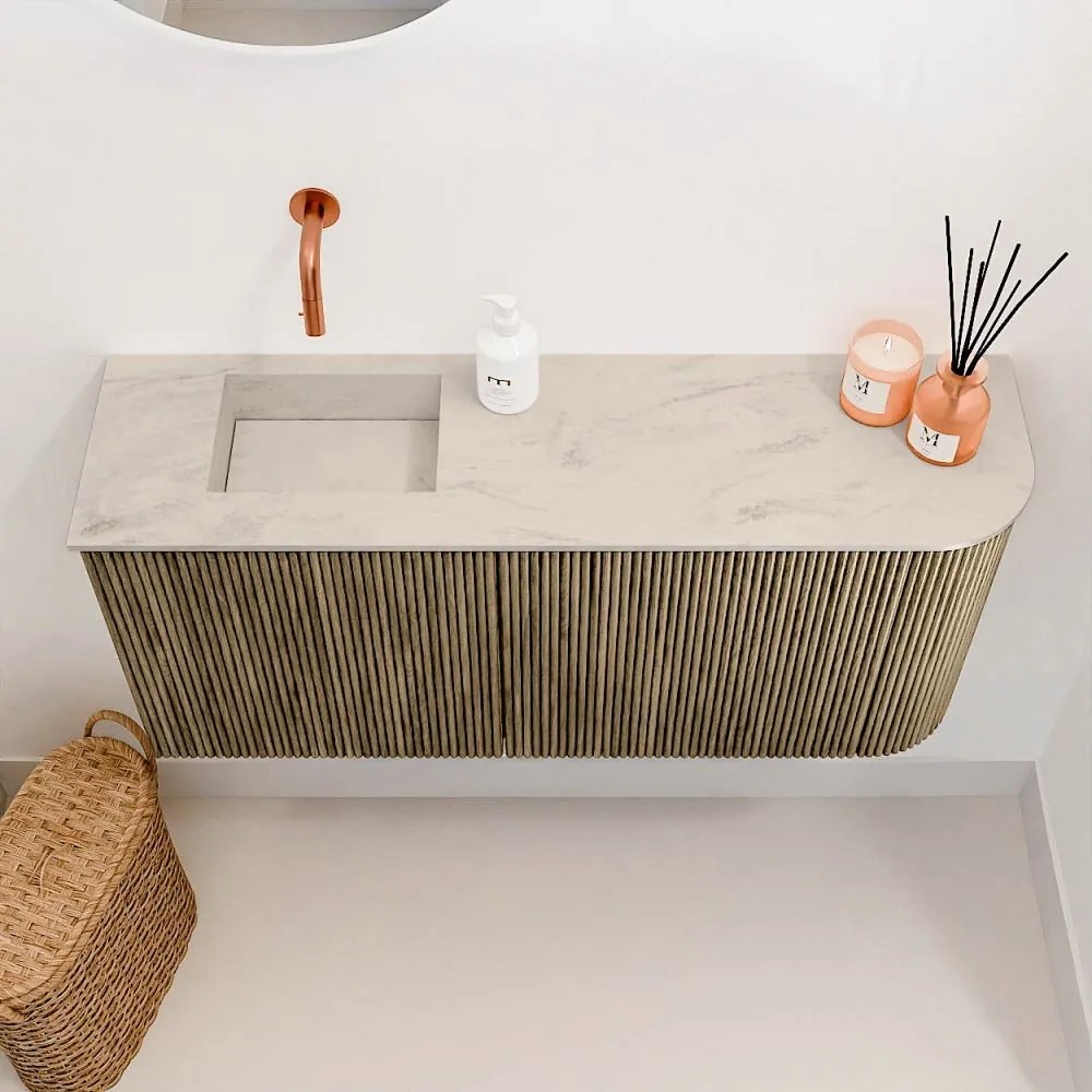 Mondiaz Joya DLux 90cm toiletmeubel ronding rechts dusk met wastafel faye links zonder kraangat opalo