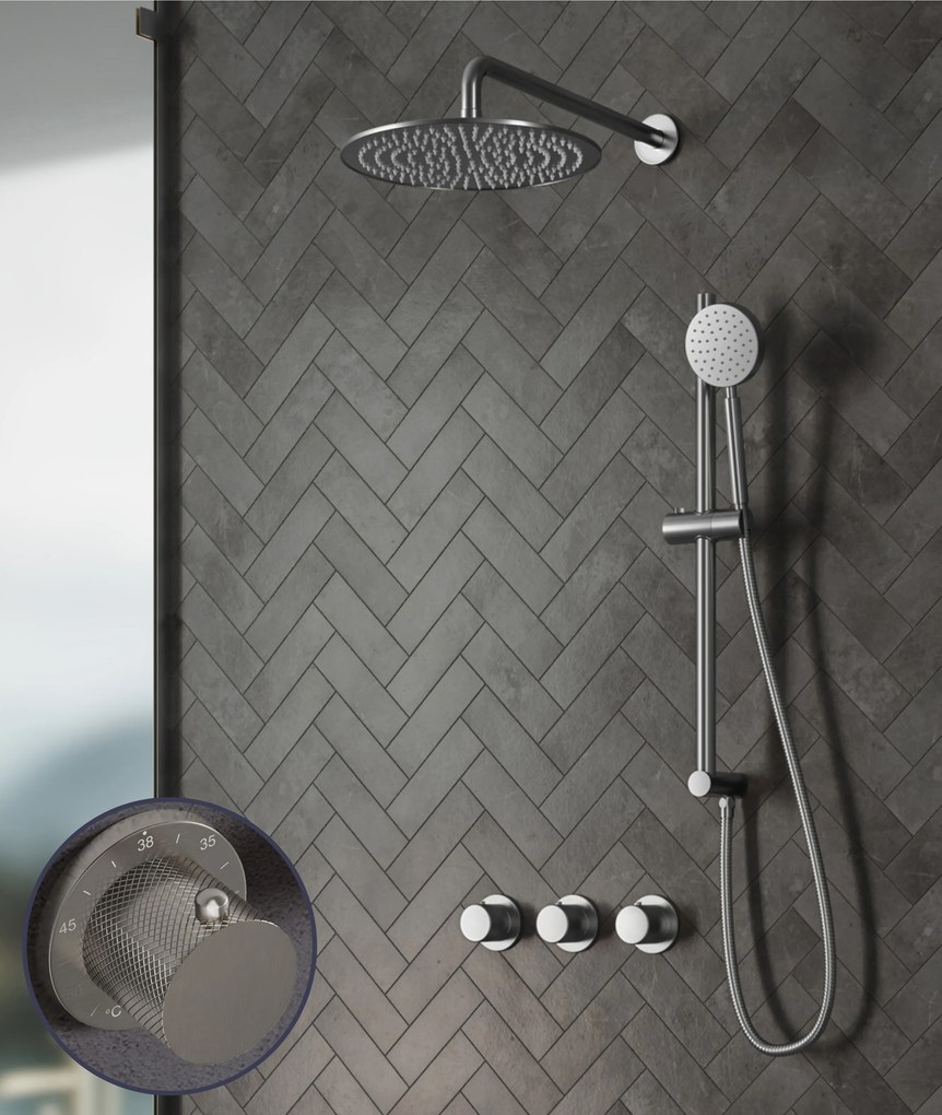 Saniclear Plus Curved inbouw regendouche met 30cm hoofddouche, muurarm en glijstang RVS