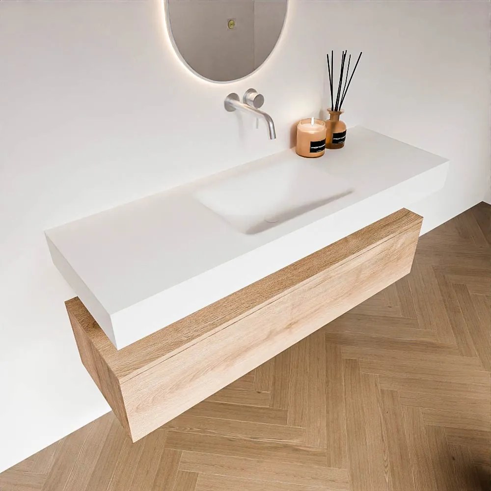 Zaro Alan badmeubel 140cm washed oak 1 lade met vrijhangende wastafel cloud midden zonder kraangat talc