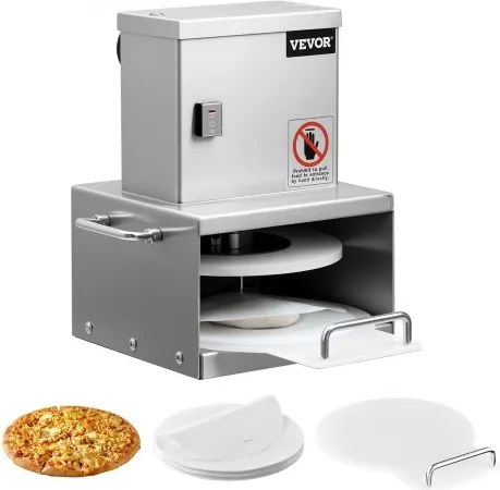 VEVOR Elektrische pizzadeegpers met 15 cm deegpersplaat, broodpers van roestvrij staal, commerciële vormmachine met verstelbare dikte en 100 stuks bakpapier, pizzadeegroller