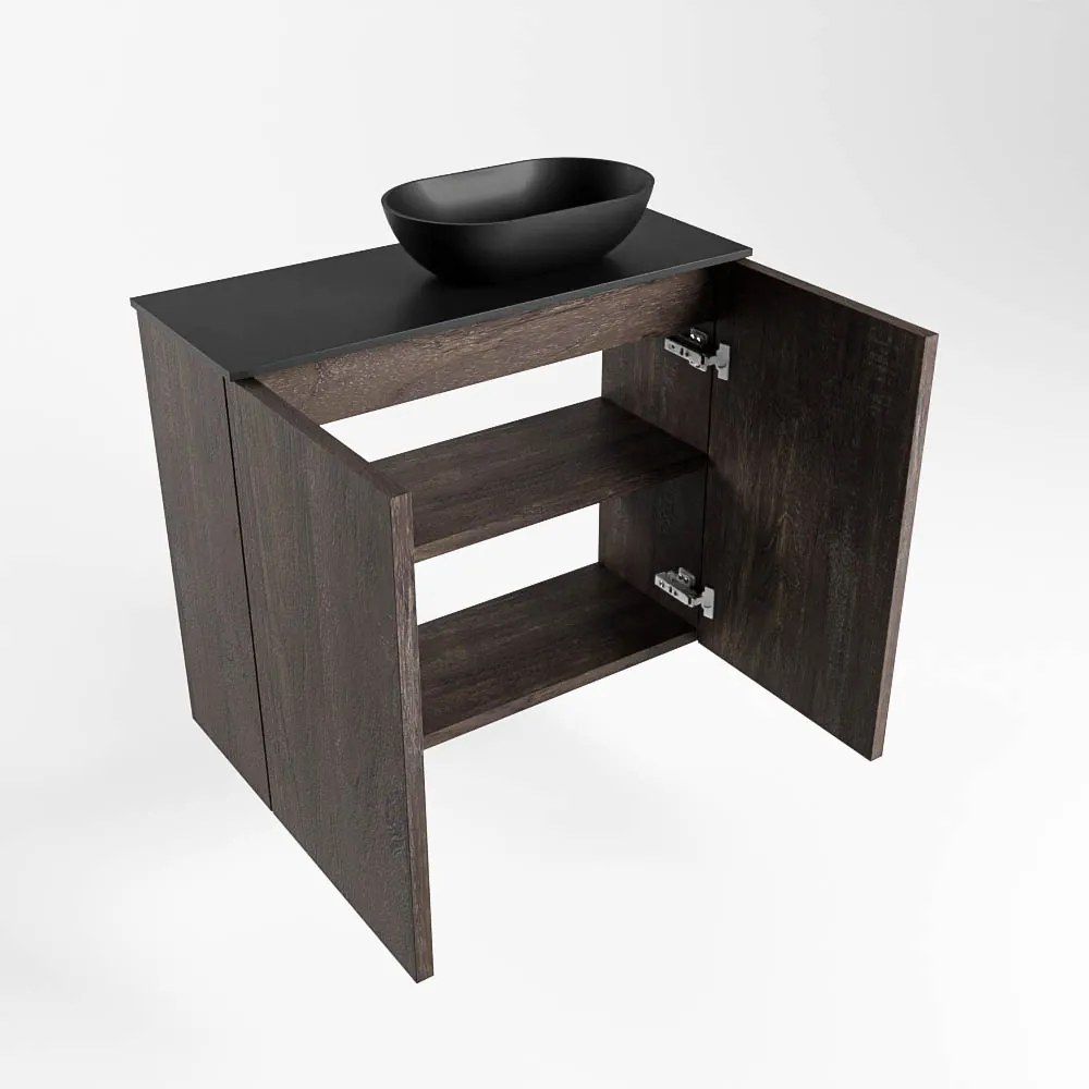 Mondiaz Fowy toiletmeubel 60cm dark brown met zwarte waskom rechts zonder kraangat