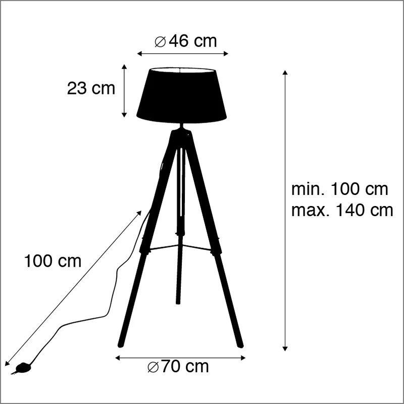 Industriële vloerlamp op houten driepoot met zwarte kap - Rio Industriele / Industrie / Industrial E27 rond Binnenverlichting Lamp