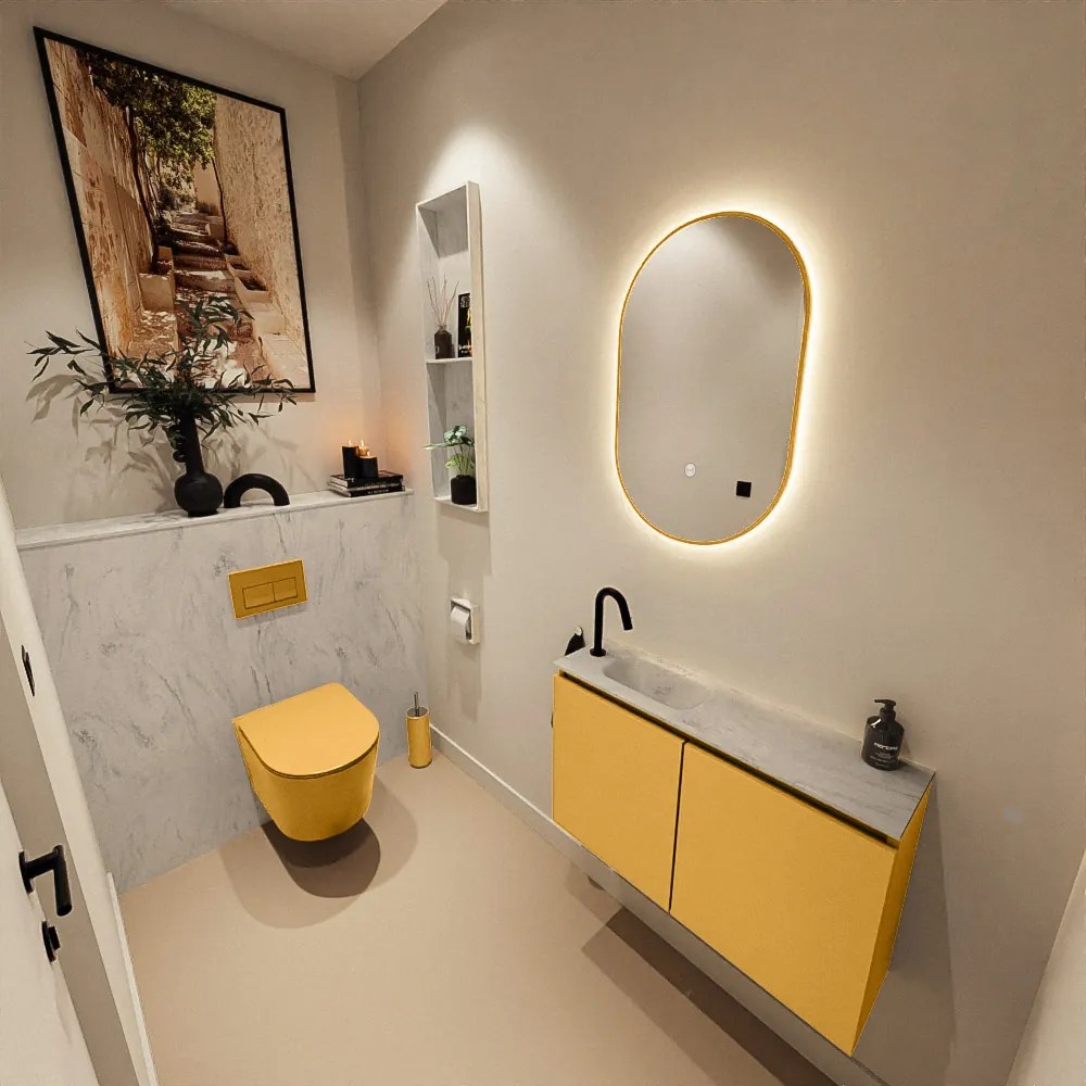 Mondiaz Ture DLux toiletmeubel 80cm ocher met wastafel opalo links met kraangat