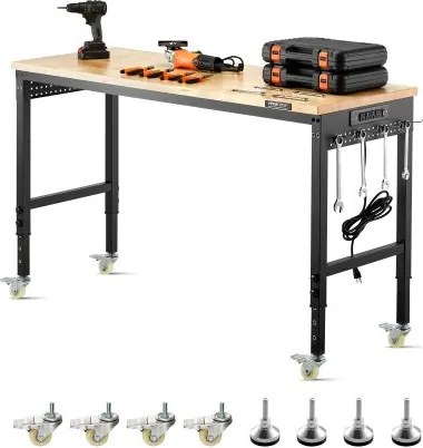 VEVOR Werkbank 1524 x 559 x 711-1030 mm, draagvermogen 907 kg, werktafel met stopcontact, wielen en ophangbord, robuuste werktafel met eikenhouten blad voor garage, werkplaats, kantoor en thuis