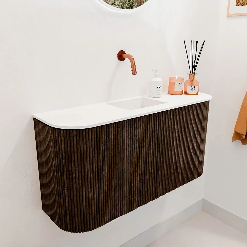 Mondiaz Joya 85cm toiletmeubel ronding links/rechts walnut met wastafel faye midden zonder kraangat talc
