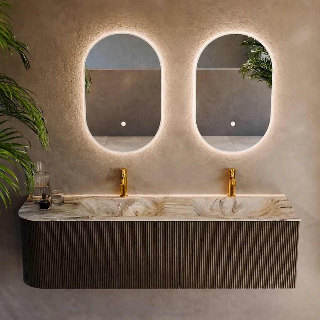 Mondiaz Kurve-dlux 155cm badmeubel ronding links shadow met 2 lades en 1 deur en wastafel leaf dubbel/rechts 2 kraangaten glace