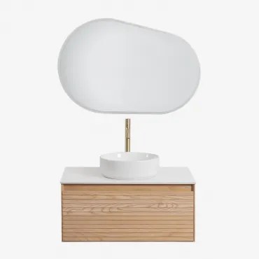 Tedrik Zwevend Badkamermeubelset Van Essenhout Ash Brown & Rond Keramiek Wit Ø40 Cm Lenka & Ovaal Led En Anticondens 100x80 Cm Riben & - Sklum