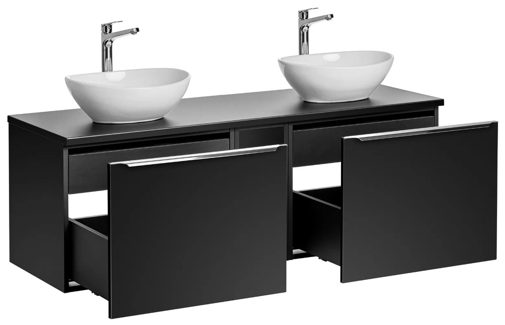 Comad Santa Fe Black badkamermeubel 140cm zwart mat met open kast en 2 glans witte waskommen