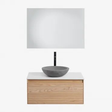 Tedrik Zwevend Badkamermeubelset 80x50 Cm In Essenhout Ash Brown & Rond Grijs Cement Ø40 Cm Tarsis & Rechthoekige Led En Anticondens 100x70 Cm - Sklum