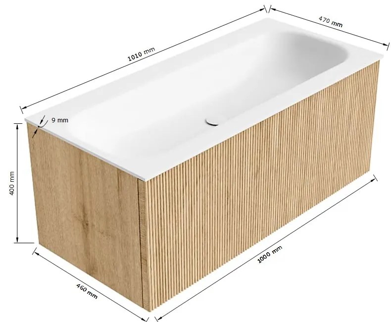 Mondiaz Kurve 100cm badmeubel oak met 1 lade en wastafel big medium midden zonder kraangat