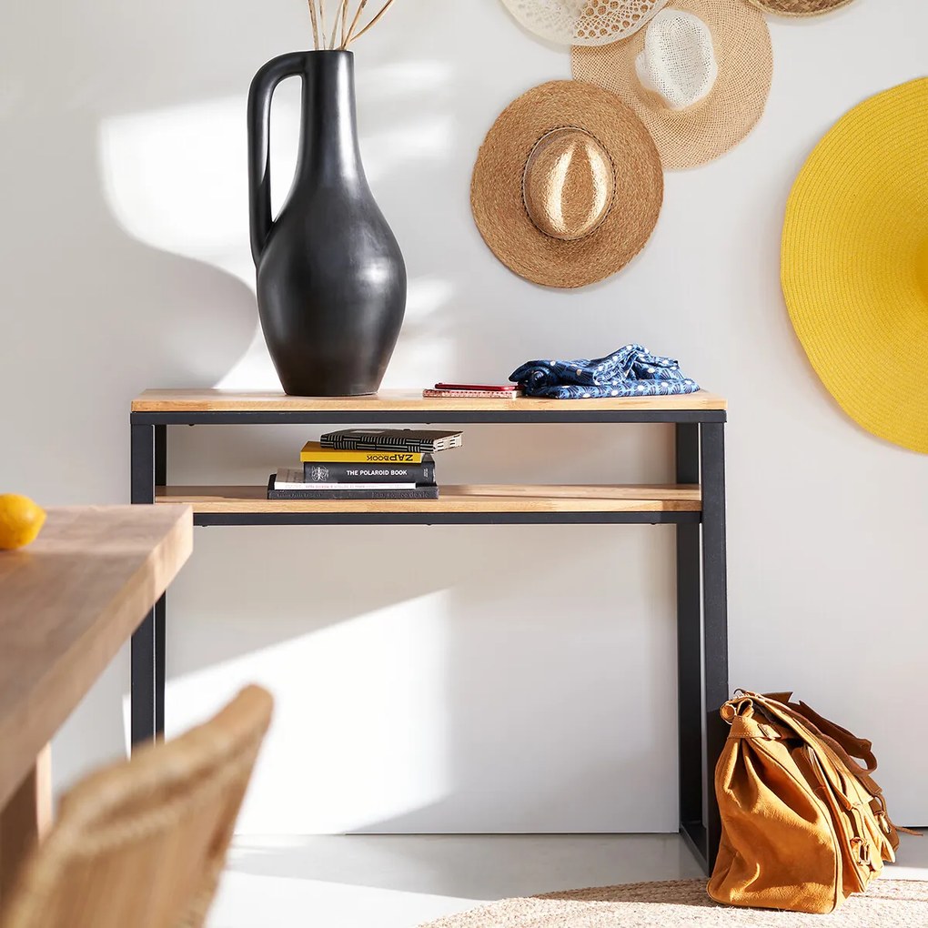 Wandtafel met 2 planken, massief eiken en metaal, Hiba