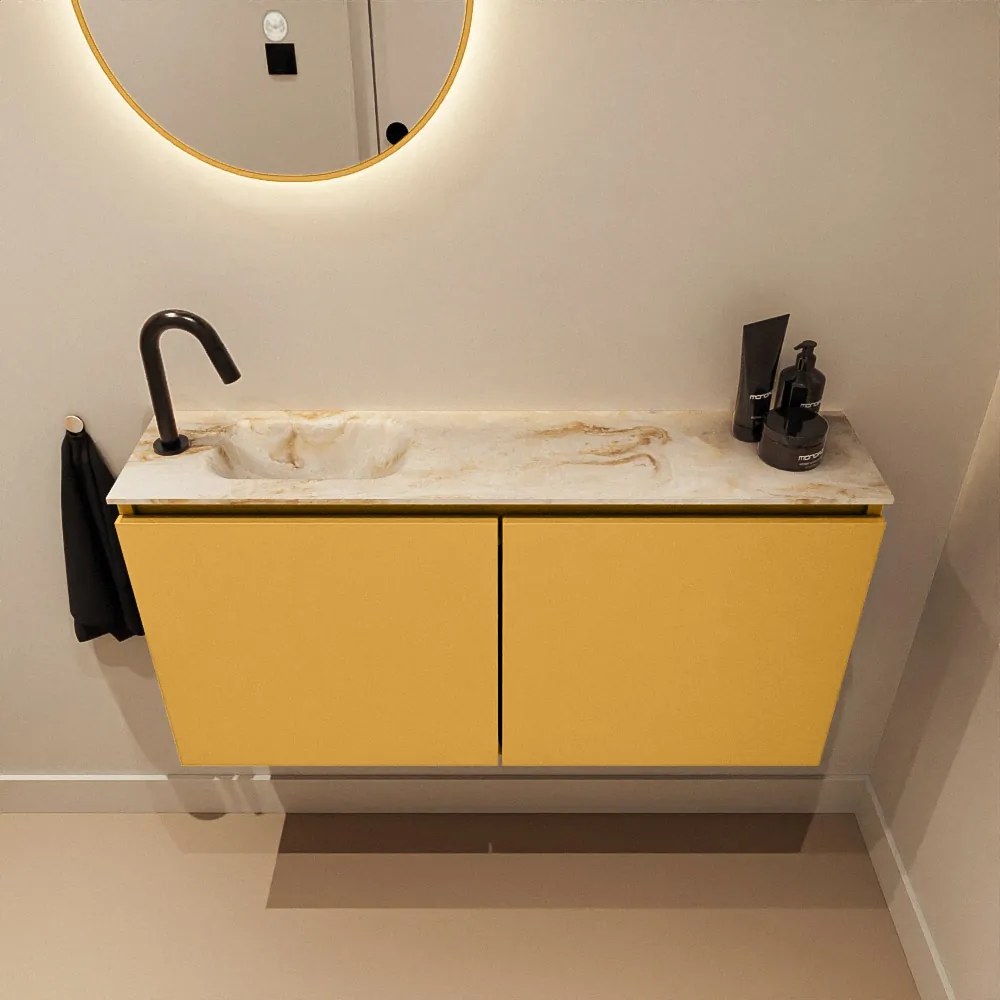 Mondiaz Ture DLux toiletmeubel 100cm ocher met wastafel frappe links met kraangat