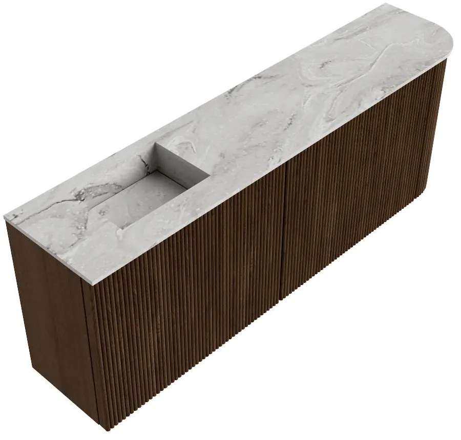Mondiaz Joya DLux 110cm toiletmeubel ronding rechts walnut met wastafel faye links zonder kraangat glace