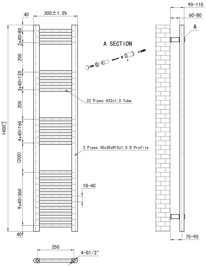 Eastbrook Wendover handdoekradiator 30x160cm 516W antraciet mat