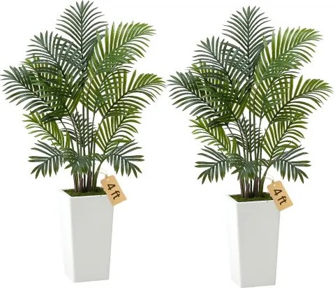 VEVOR Kunst Areca Palmbomen, 1,2 m, 2-pack Kunstpalmen, Tropische Planten met Witte Plantenbak, Kunstzijden Plant in Pot, Nepboom voor Veranda's, Woonkamers, Patio's, Huis, Kantoor