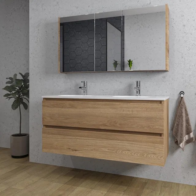 Adema Chaci Badkamermeubelset - 120x46x57cm - 2 ovale keramische wasbakken wit - 2 kraangaten - 2 lades - Spiegelkast - eiken SW718703/SW718719/SW812069/SW812072