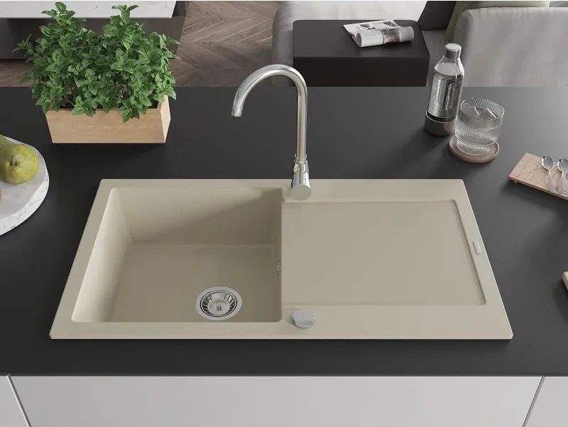 Mexen Leo granieten spoelbak 1-kompartment met afdruiprek 900 x 500 mm, beige, sifon chroom - 6501901010-69