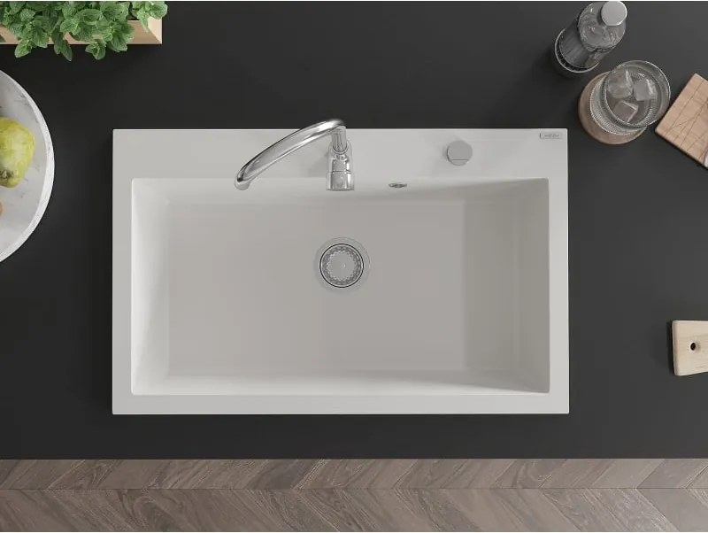 Mexen Elix granieten gootsteen 1-komor 800 x 500 mm, wit, sifon chroom - 6527801005-20