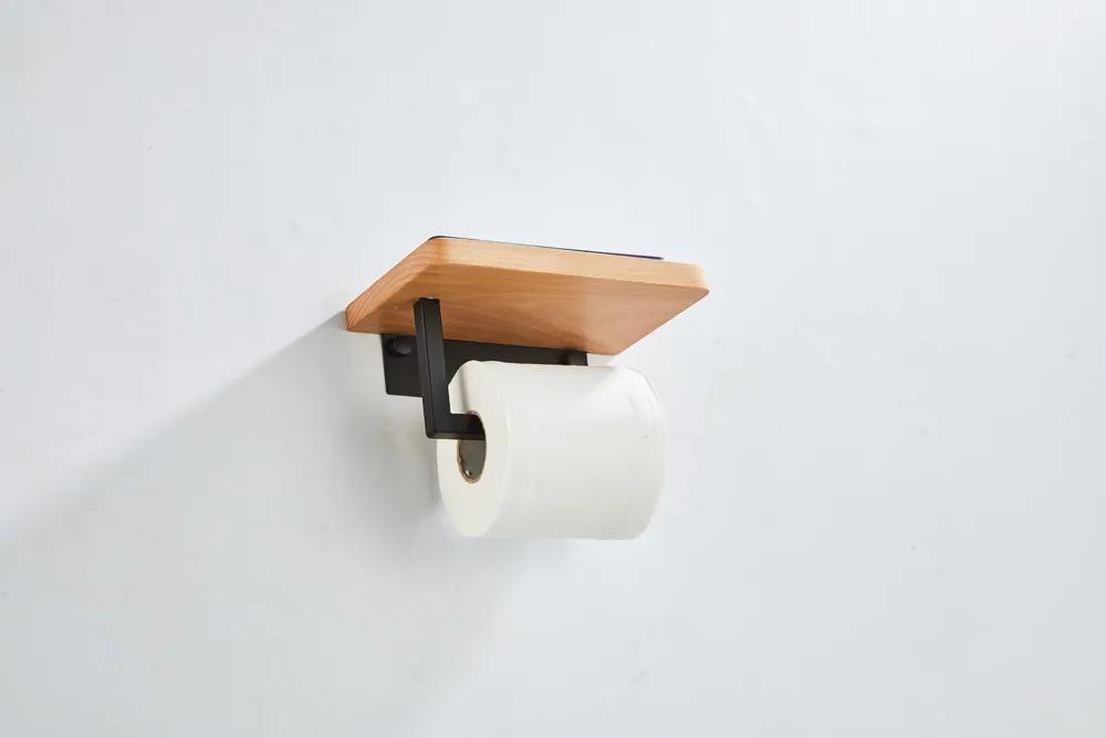 Saniclear Lumber toilet rolhouder met plank mat zwart walnoothout