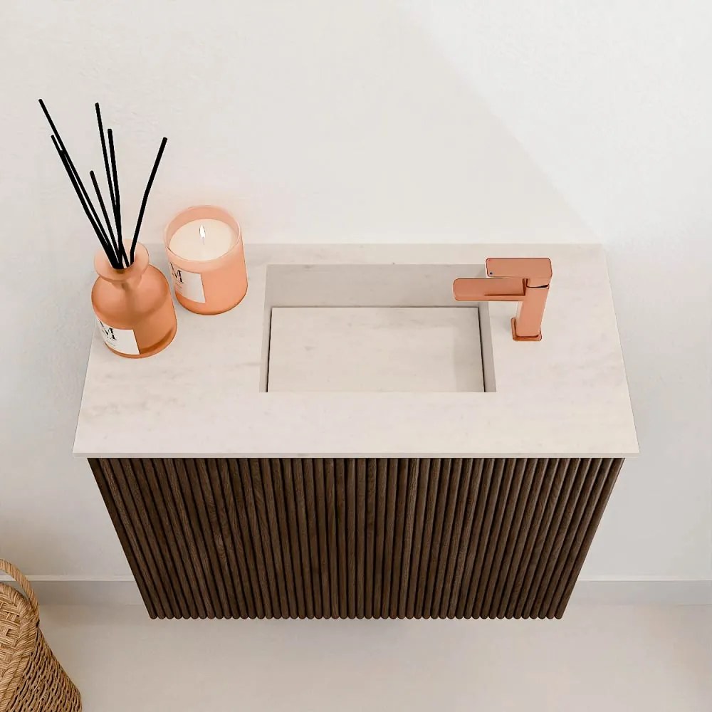 Mondiaz Joya DLux 50cm toiletmeubel walnut met wastafel faye rechts 1 kraangat meli