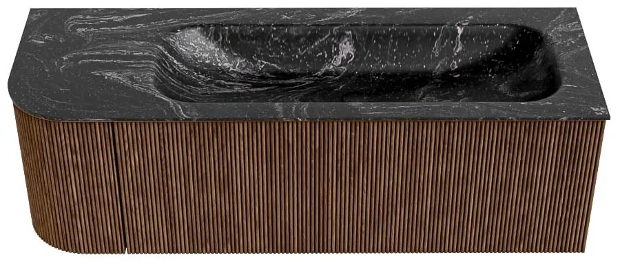 Mondiaz Kurve-dlux 135cm badmeubel ronding links walnut met 1 lade en deur en wastafel big medium rechts zonder kraangat lava