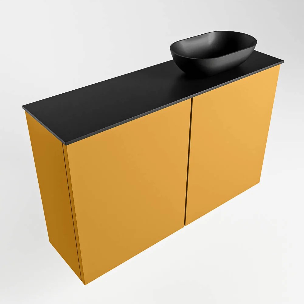 Mondiaz Fowy toiletmeubel 80cm ocher met zwarte waskom rechts zonder kraangat