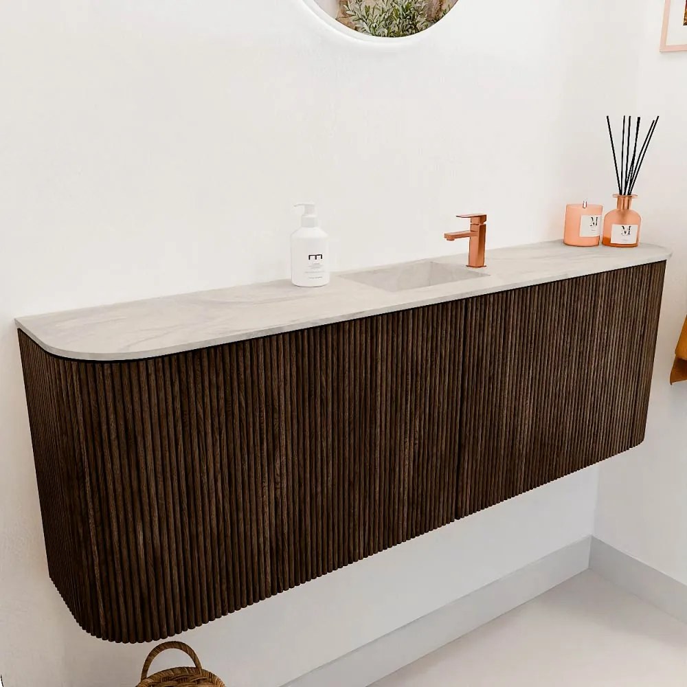 Mondiaz Joya DLux 125cm toiletmeubel ronding links/rechts walnut met wastafel faye midden 1 kraangat ostra