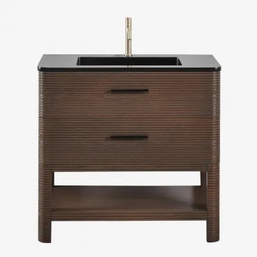 Badkamermeubelset In Hout Met Geïntegreerde Wastafel Misene Donker Hout & Spiegelloze & Geborsteld Goud ↑20 Cm Met Overloop Aftapventiel Orveta -