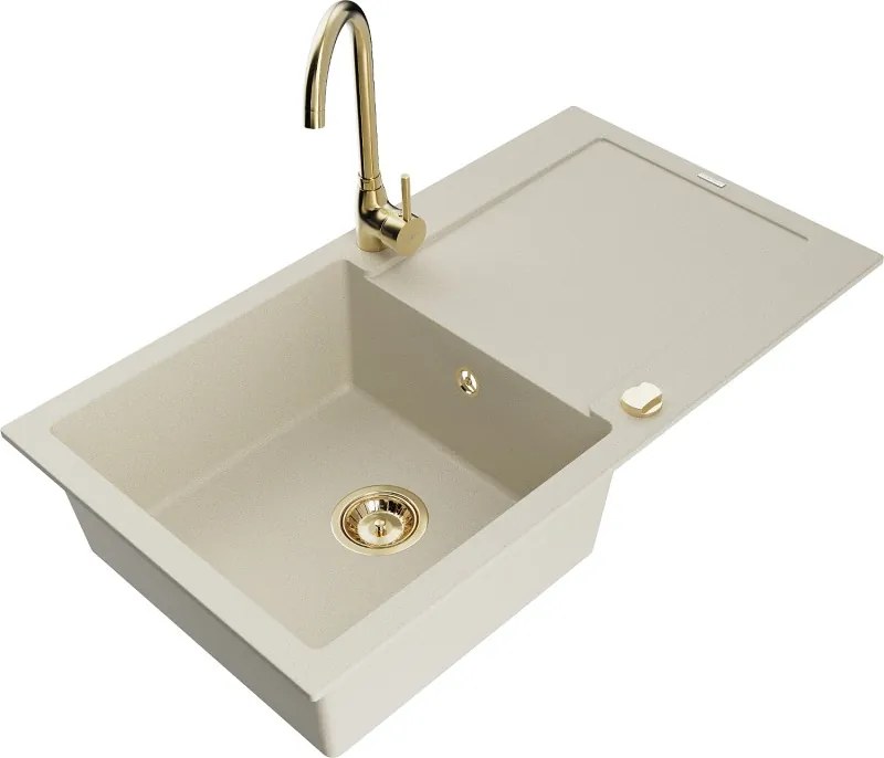 Mexen Leo 1 grootste granieten spoelbak met afdruiprek en een keukenkraan Telma, beige - 6501-69-670200-50