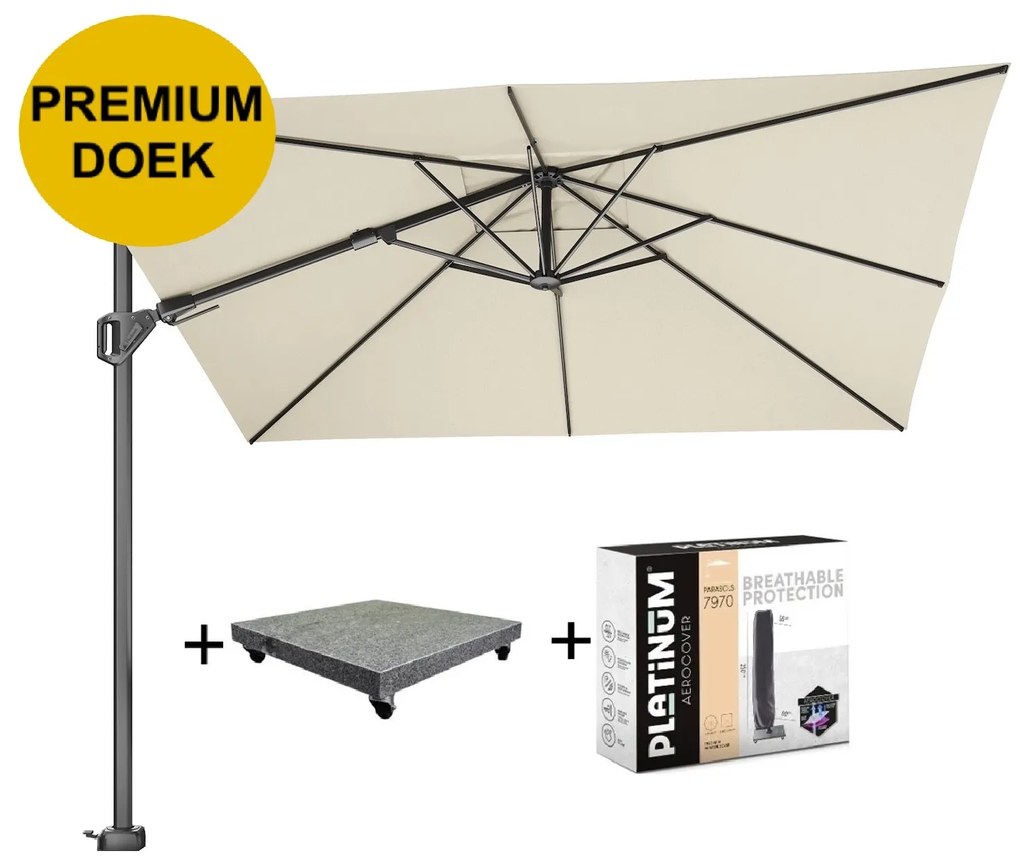 Challenger T2 premium zweefparasol 300x300 cm champagne met parasolvoet 90kg en hoes