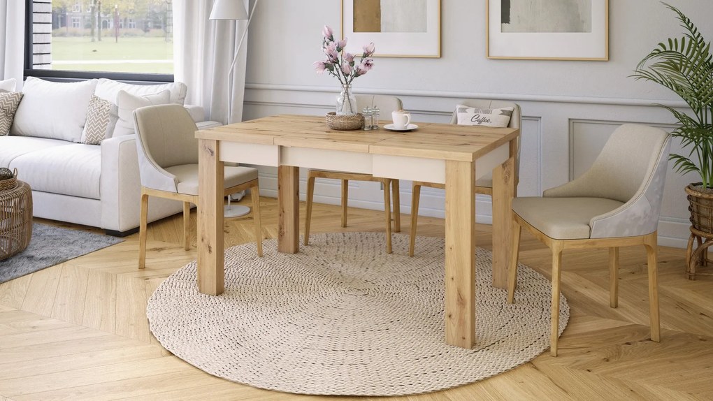 FONTE Eikenhout Artisan / beige - KLASSIEKE KEUKEN- /WOONKAMERTAFEL 85x75 UITKLAPBAAR TOT 130 cm!