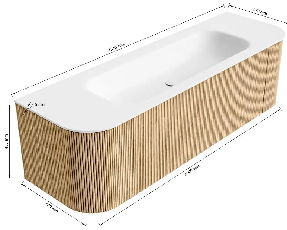 Mondiaz Kurve 150cm badmeubel ronding links/rechts oak met 1 lade en 2 deuren en wastafel big medium midden 1 kraangat