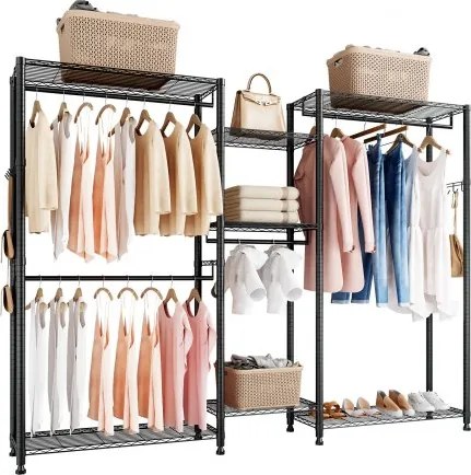 VEVOR Kledingrek (verstelbaar) met 4 kledingstangen en een draagvermogen van 385,5 kg en 7 planken en 8 haken, open kledingkast voor slaapkamer, kledingwinkel, garderobe, hal