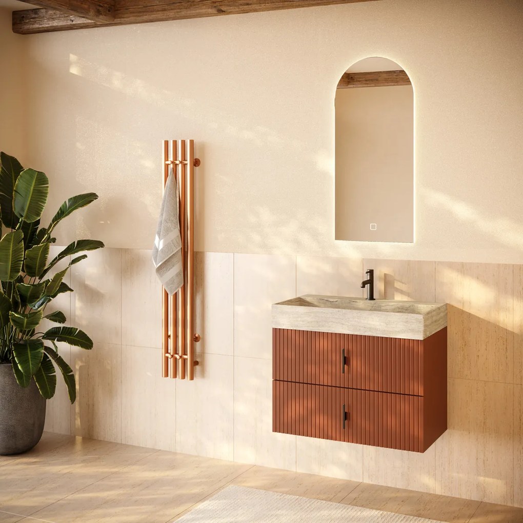 Muebles Murcia badmeubel ribbelfront 80cm terracotta met White Travertin wastafel met kraangat